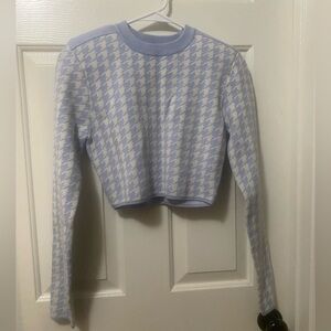 Express Cropped Houndstooth Sweater - Light Blue & White